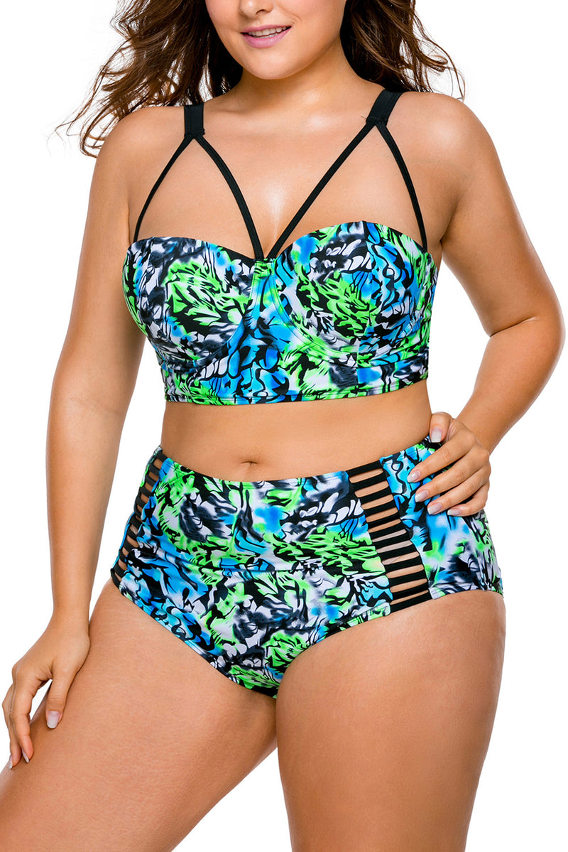 Plus Size Blue Green Print High Waist Bikini Swimsuit