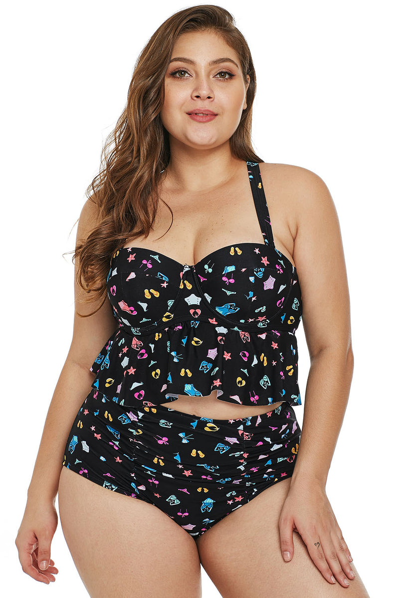 Plus Size Pattern Print Ruffle Two Piece Swimwear