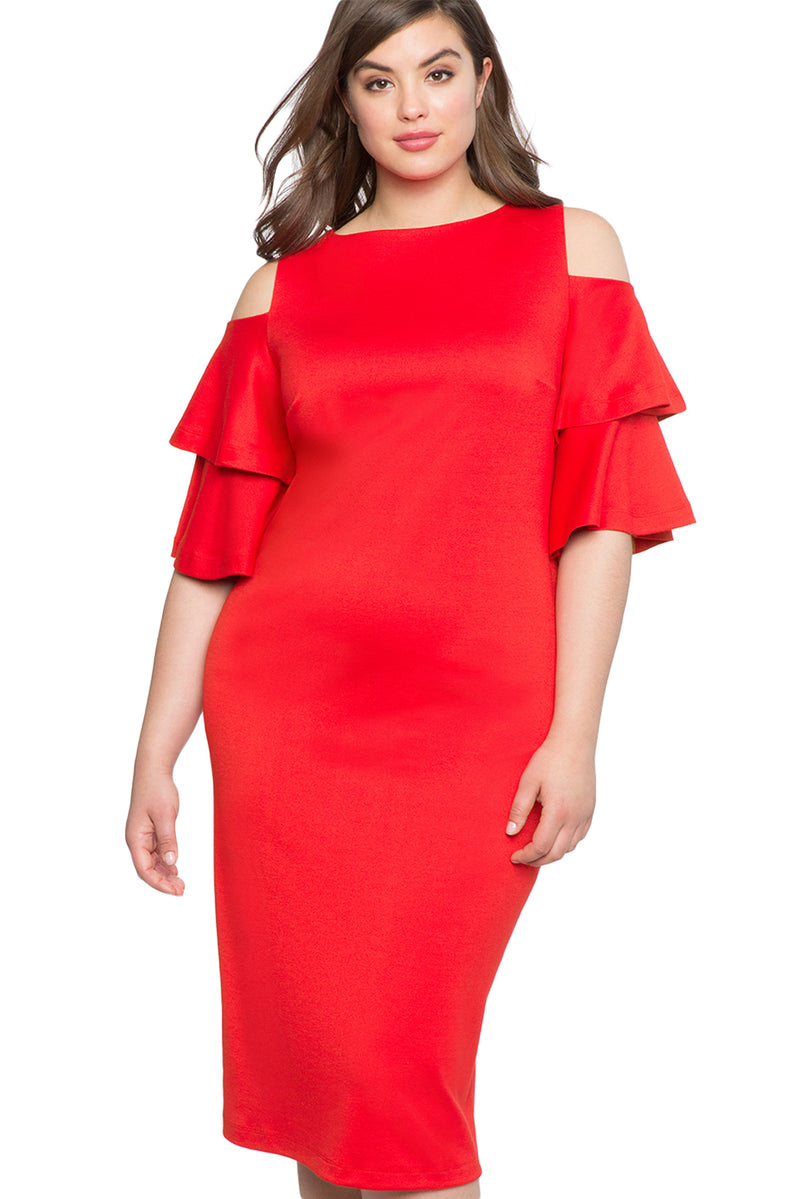 Red Plus Size Flounce Sleeve Cold Shoulder Dress