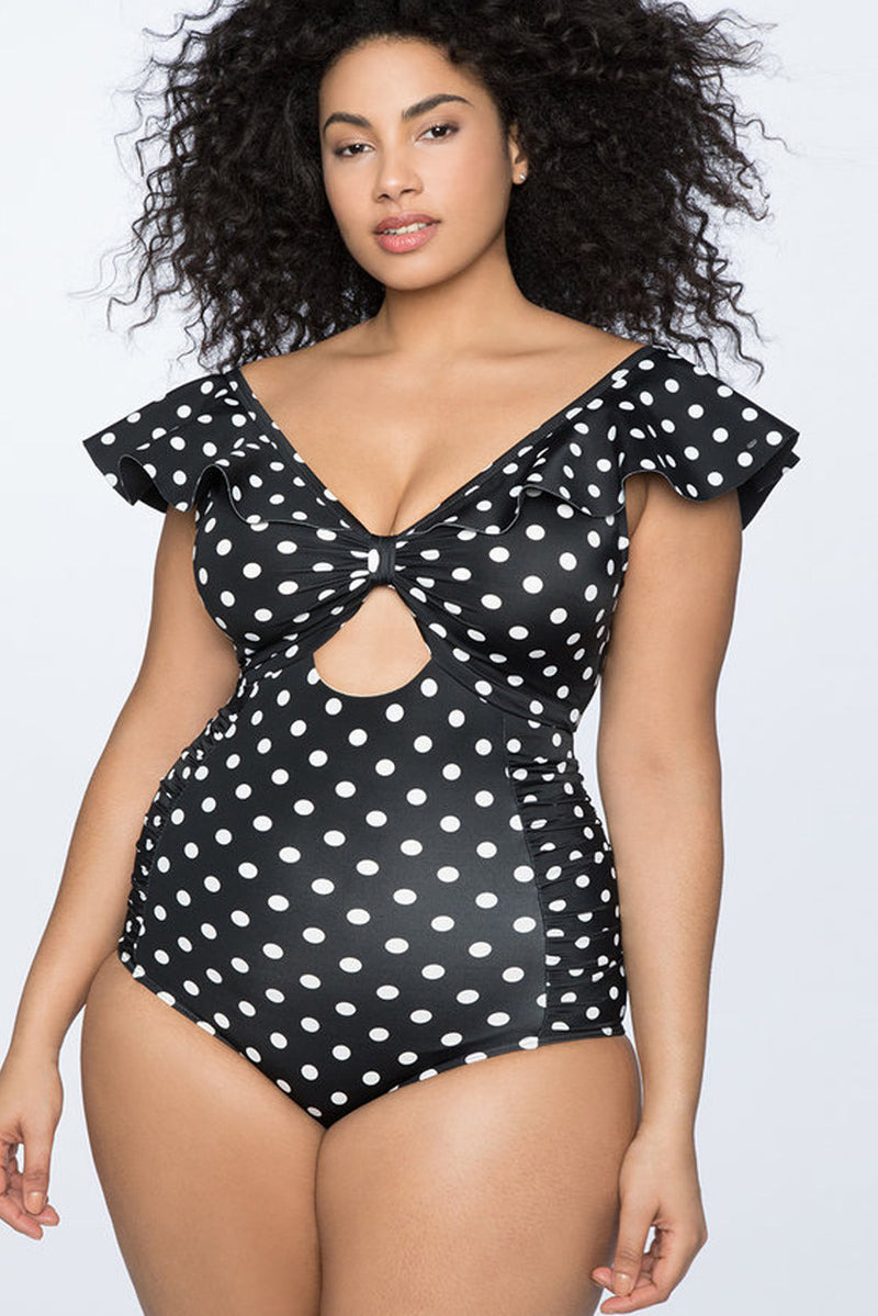 Black Ruffle Shoulder Plus Size One-piece Swimwear