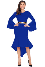 Royal Blue Bell Sleeve Dip Hem Belted Dress