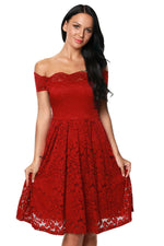 Wine Plus Size Scalloped Off Shoulder Flared Lace Dress