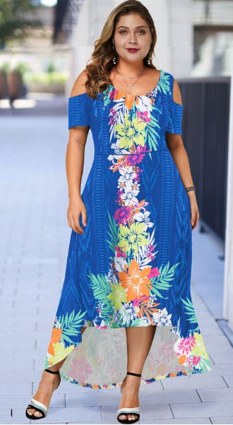 Beautiful Cold Shoulder Floral Print High Low Dress