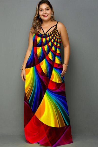 Side Pocket Geometric Print Rainbow Color Maxi Dress