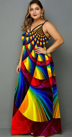 Side Pocket Geometric Print Rainbow Color Maxi Dress