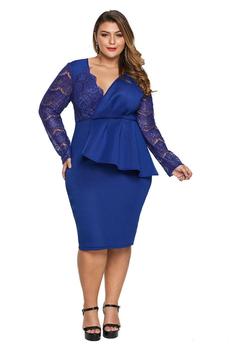 Blue Lace Stitching Surpliced V Neck Plus Size Dress