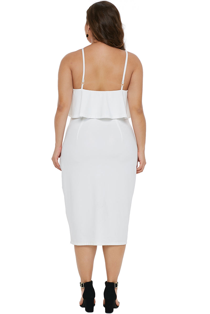 White Ruffle Overlay Slit Front Plus Size Dress