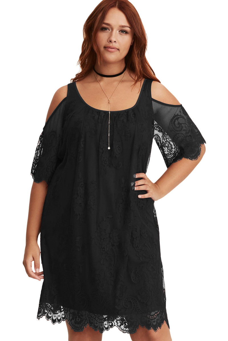 Black Plus Size Lace Cold Shoulder Trapeze Dress