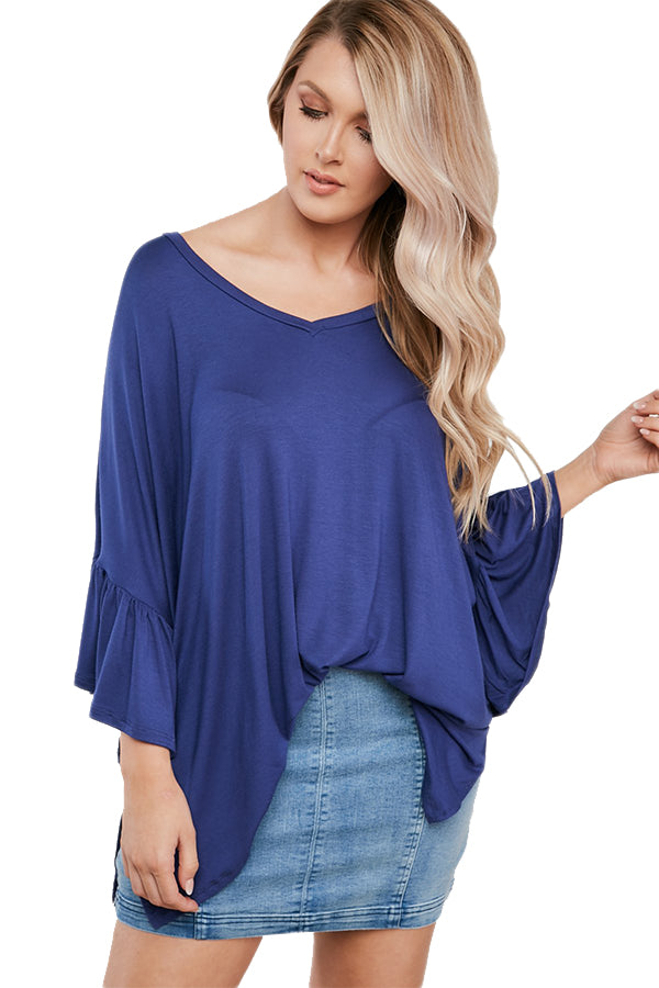 Blue V Neck Ruffle Sleeve Oversize Top