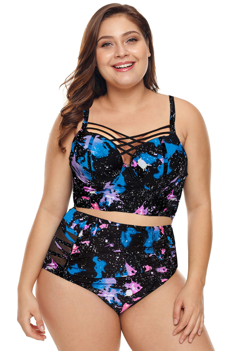 Blue Stylish Print Strappy Push Up Balconette Plus Size Bikini