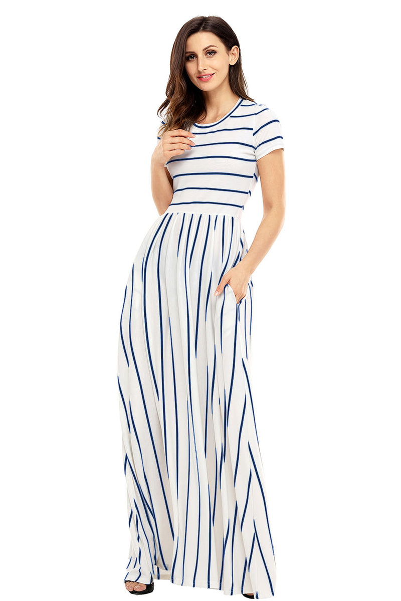 Blue Striped White Short Sleeve Maxi Dress