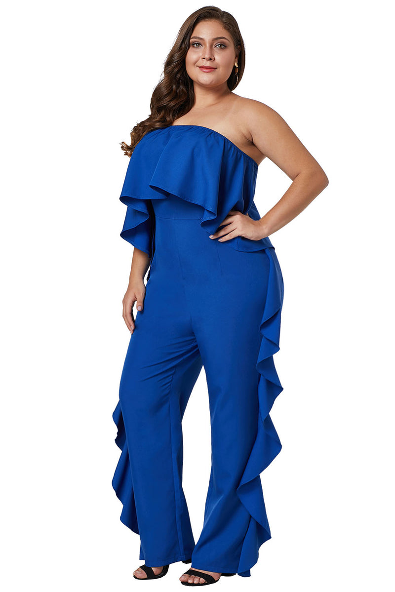 Cobalt Blue Prime Dreams Plus Size Strapless Ruffle Jumpsuit