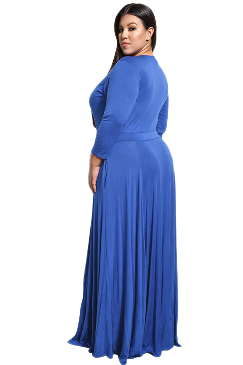 Royal Blue Plus Size Pocketed V Neck Maxi Dress