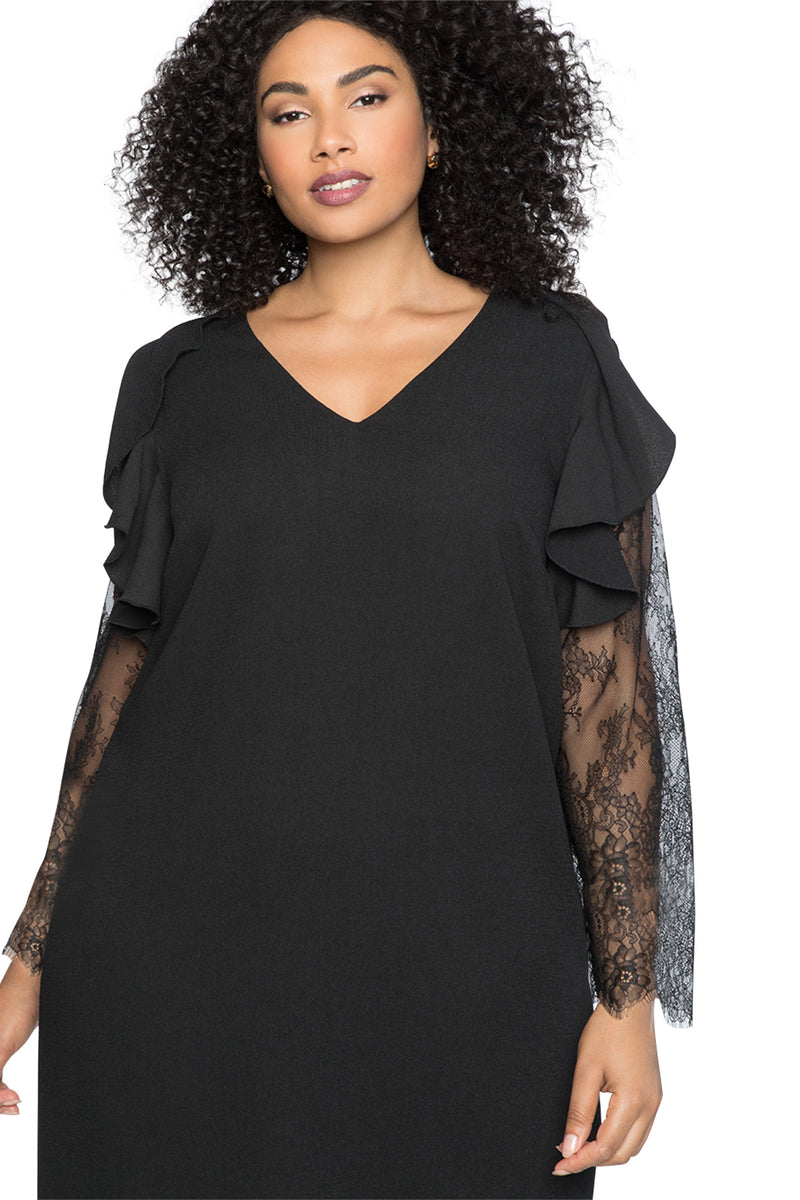 Black Ruffle Trim Lace Sleeve Plus Size Shift Dress