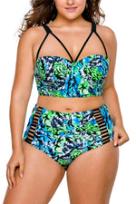 Plus Size Blue Green Print High Waist Bikini Swimsuit