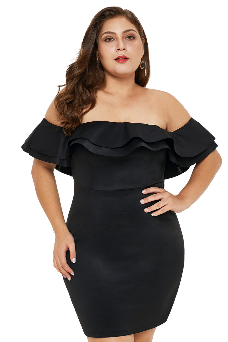 Black Layered Ruffle Off Shoulder Plus Size Dress