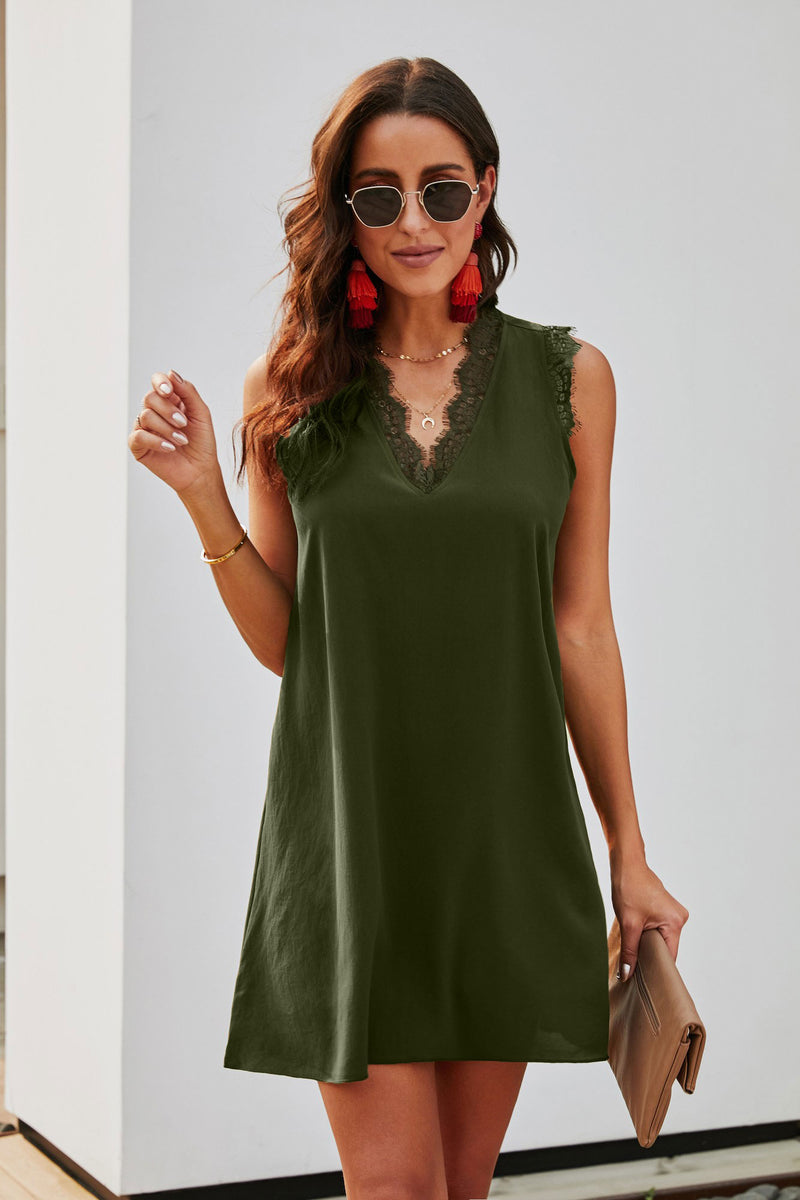 Green Eyelash V Neck Sleeveless Shift Mini Dress