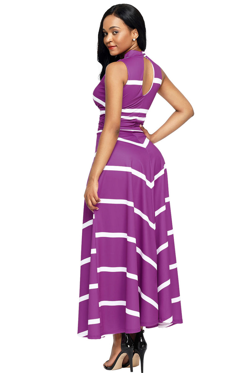 Purple V Neck Cut out Back Printed Maxi Dress