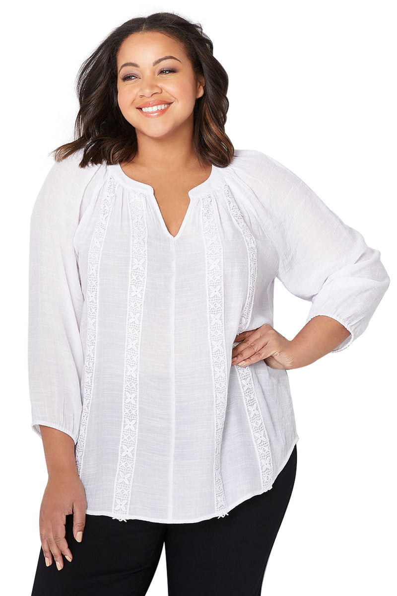 White Embroidered Stripe Plus Size Peasant Top