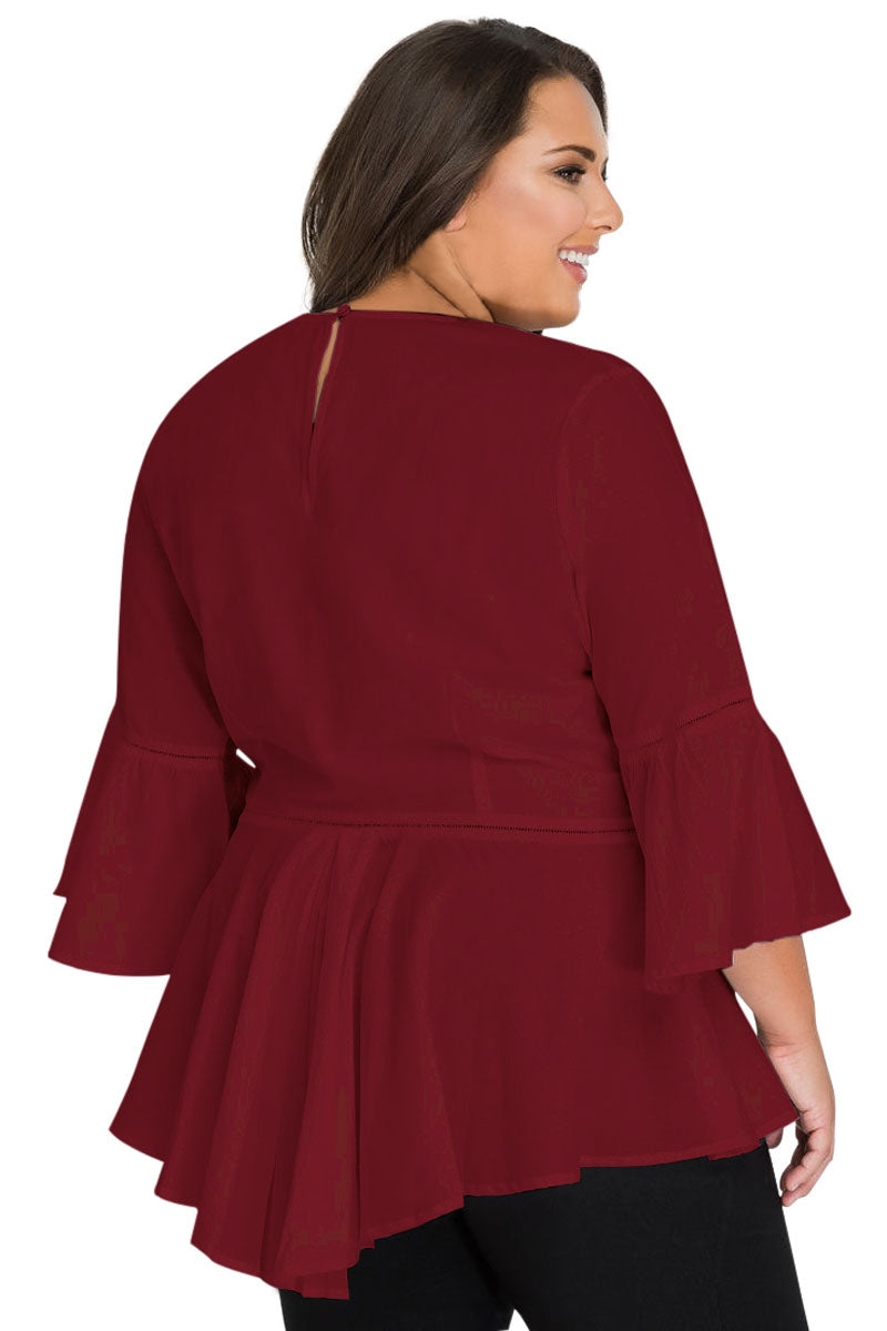 Red Crochet Insert Bell Sleeve Plus Size Top