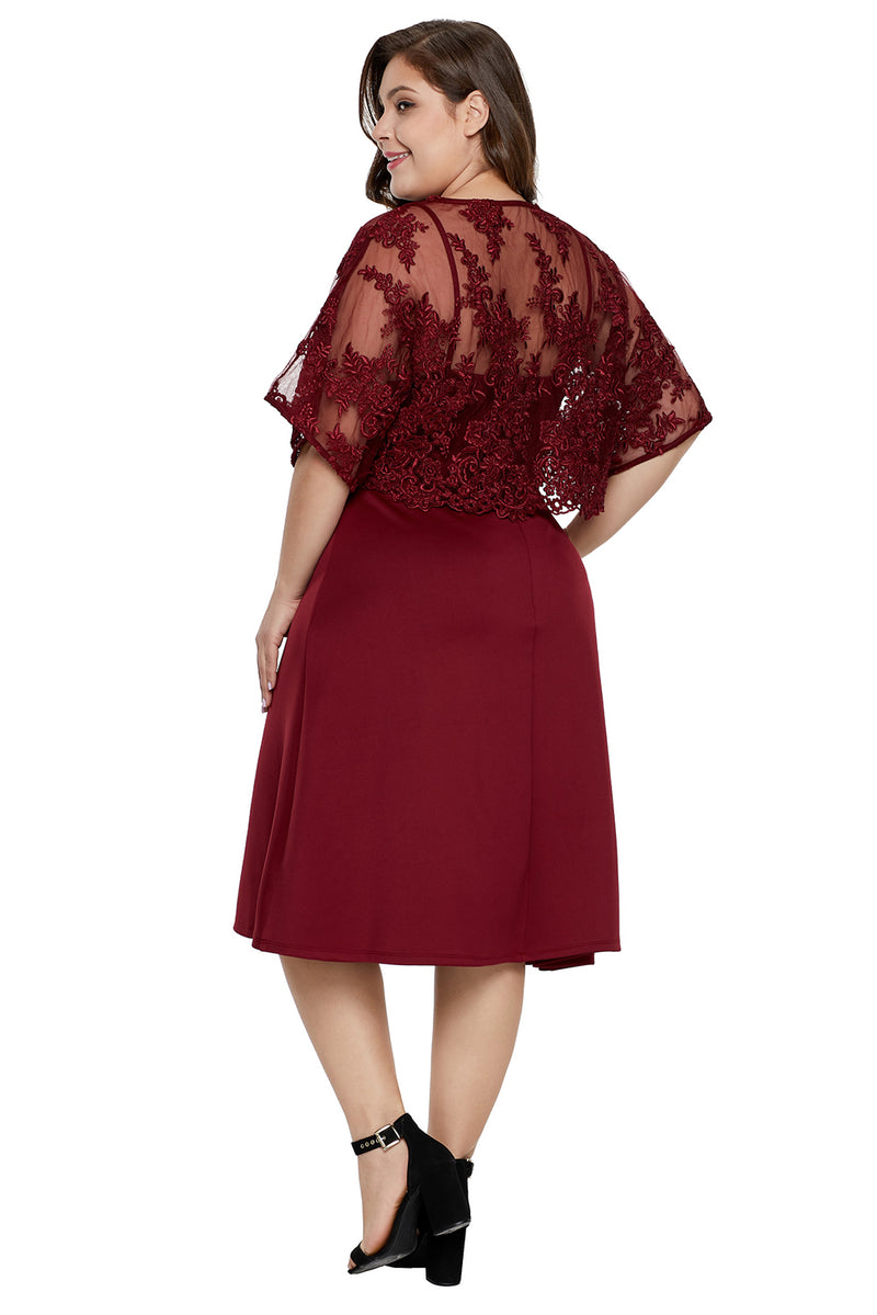 Burgundy Plus-Size Knee-Length MOB Dress with Shawl