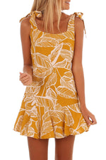 White Leaf Vein Print Mustard Tie Shoulder Dress