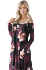 Burgundy Floral Checked Long Sleeve Casual Midi Dress