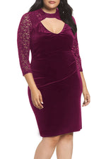 Burgundy Velvet & Glitter Lace Plus Size Sheath Dress