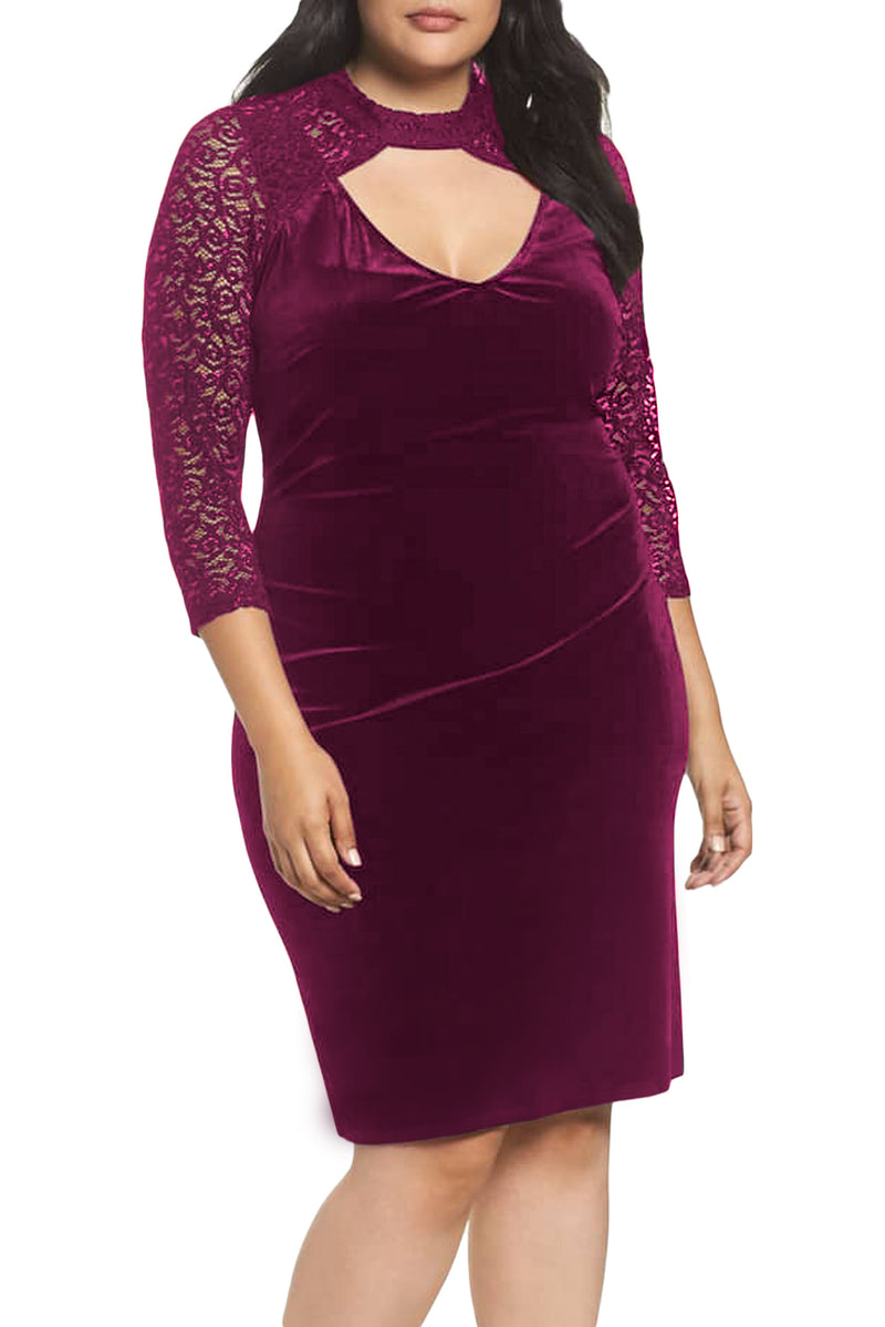 Burgundy Velvet & Glitter Lace Plus Size Sheath Dress