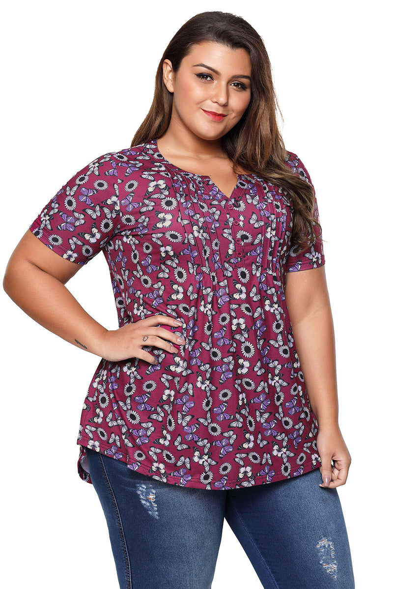 Burgundy Butterfly Floral Pin Tuck Plus Size Blouse