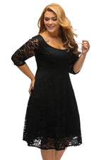 Black Floral Lace Sleeved Fit and Flare Curvy Dress