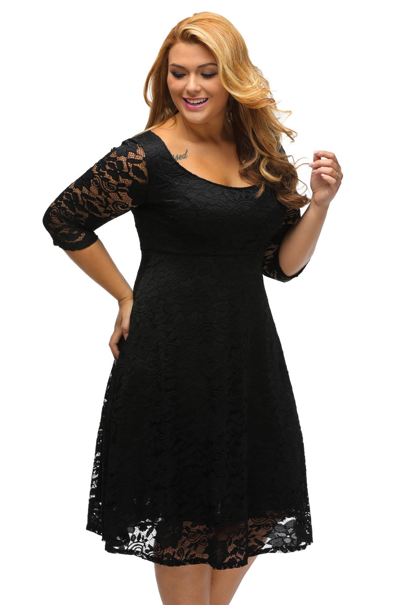 Black Floral Lace Sleeved Fit and Flare Curvy Dress