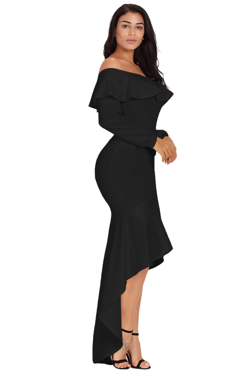 Black Lantern Sleeve Asymmetric Ruffle Hem Evening Dress