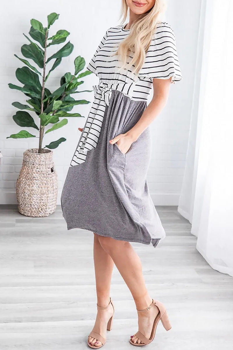 Gray Striped Shirt Tie Front Casual Midi Dress