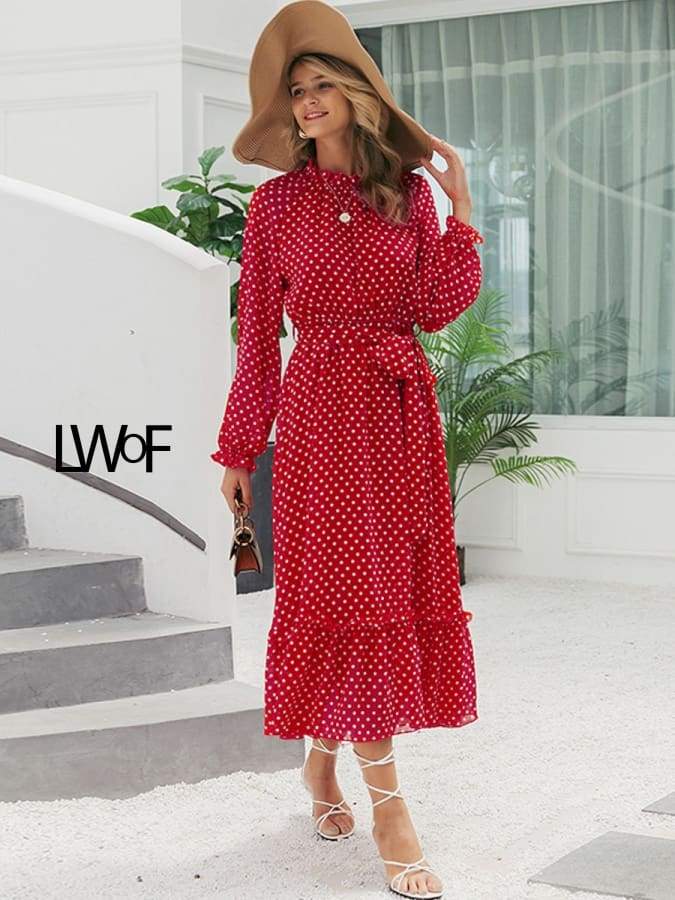 Elegant Lantern Sleeve Polka Dot Print Dress