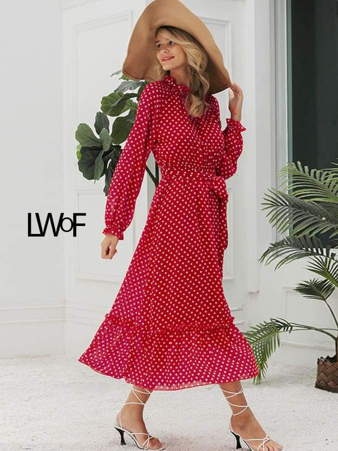 Elegant Lantern Sleeve Polka Dot Print Dress