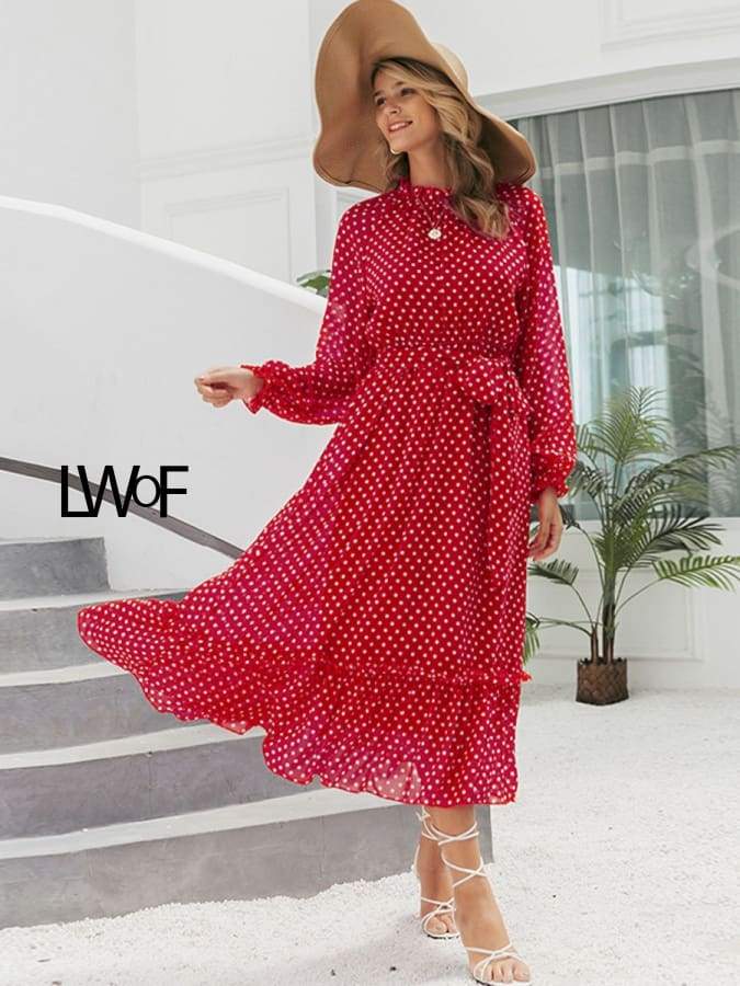 Elegant Lantern Sleeve Polka Dot Print Dress