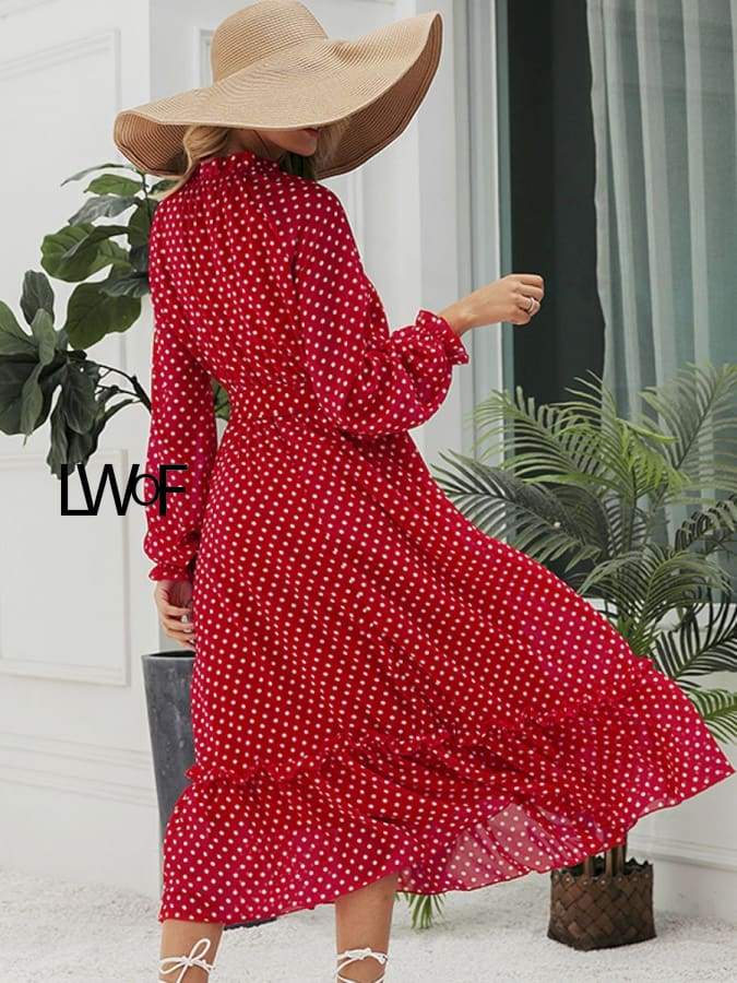 Elegant Lantern Sleeve Polka Dot Print Dress