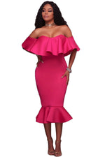 Rosy Ruffle Off Shoulder Mermaid Midi Party Dress