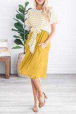 Yellow Striped Shirt Tie Front Casual Midi Dress