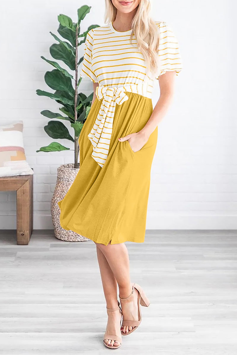 Yellow Striped Shirt Tie Front Casual Midi Dress