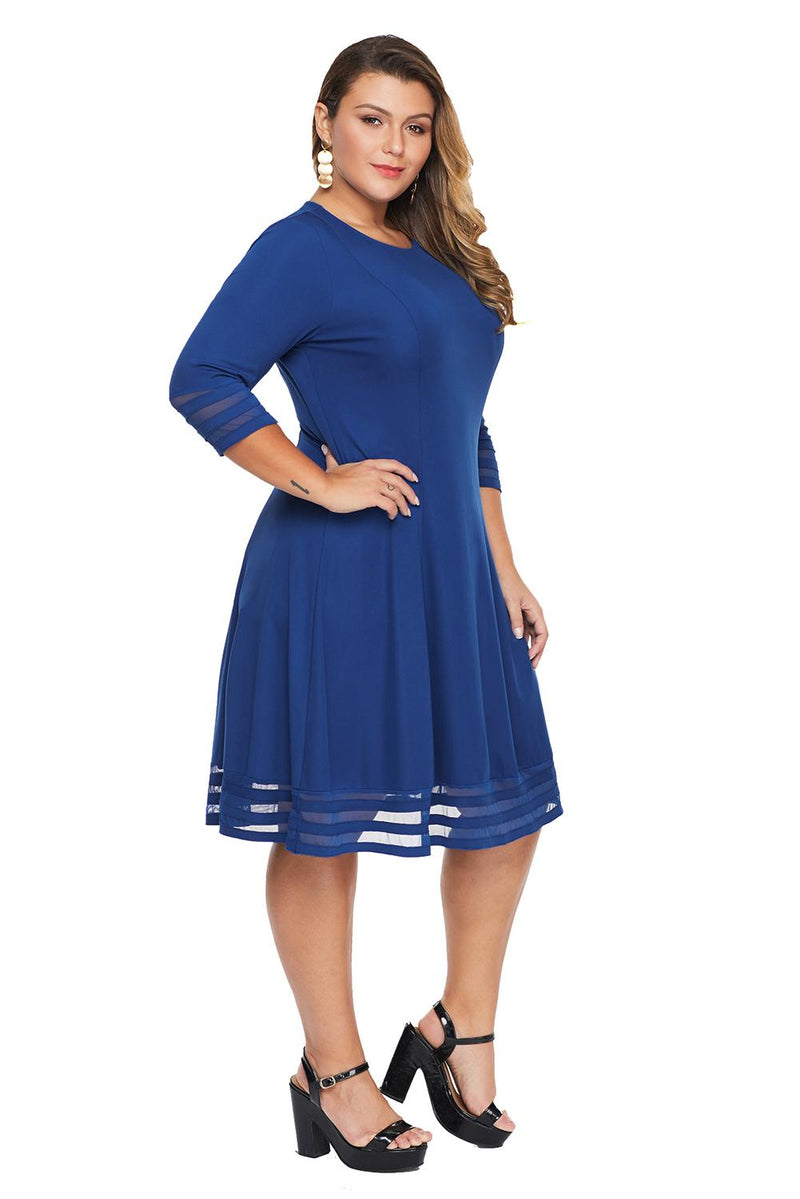 Blue 3/4 Length Sleeve Gauze Patchwork Flare Plus Size Dress