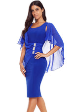 Blue Waist Pleats Rhinestone Detail Midi Dress