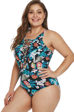 Navy Floral Crisscross Plunge V Neck Plus Maillot Swimwear