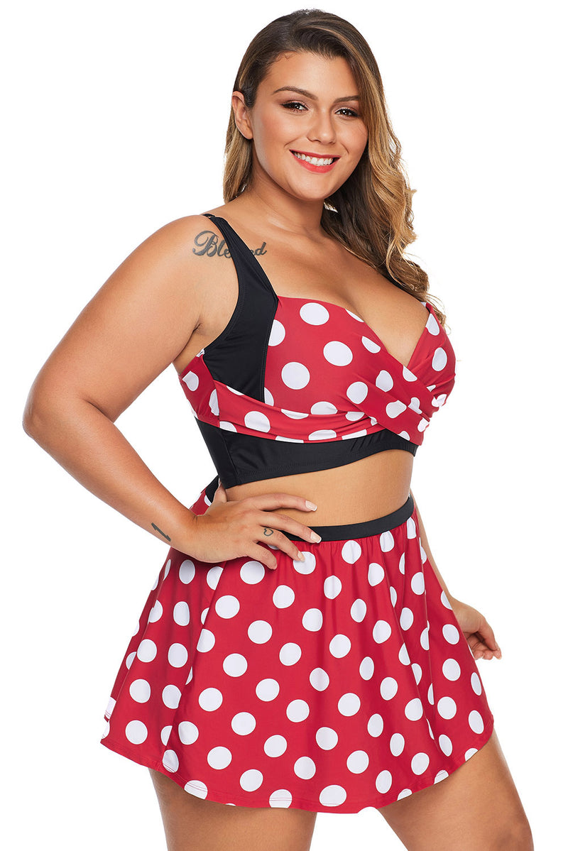 Plus Size Polka Dot White Red Bikini Top with Swim Skirt