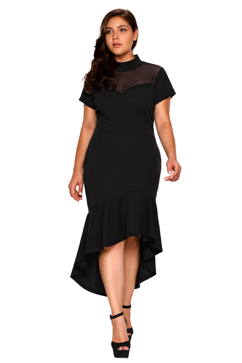 Black Mesh Insert Ruffled Hi-low Hem Curvy Dress