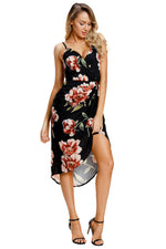 Deep V Neck Floral Print Boho Dress in Black