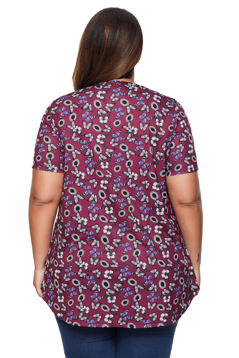 Burgundy Butterfly Floral Pin Tuck Plus Size Blouse