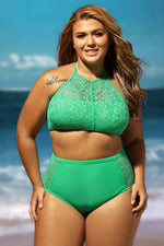 Green Patterned Mesh Insert Plus Size Swimwear