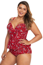 Red Print Moulded Cups Peplum Plus Size Bikini